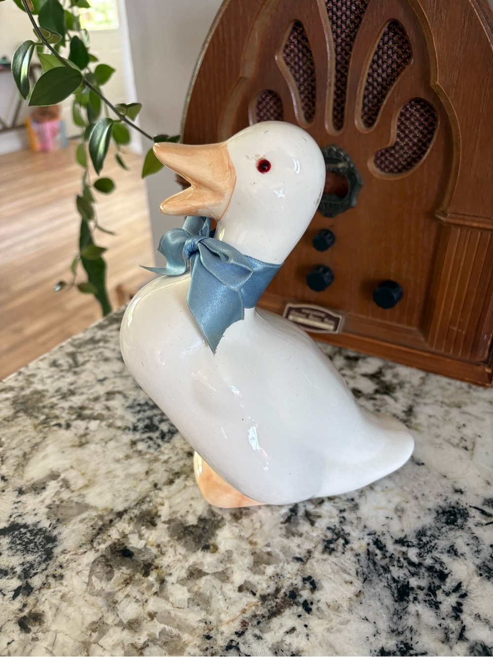 vintage ceramic blue ribbon goose figurine - 80s/90s cottagecore